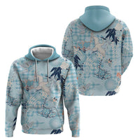 Blue Palaka Crane and Flowers Zip Hoodie Japan Heritage Spirit - Polynesian Pride