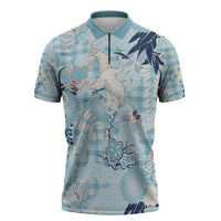 Blue Palaka Crane and Flowers Zipper Polo Shirt Japan Heritage Spirit - Polynesian Pride