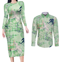 Green Palaka Crane and Flowers Couples Matching Long Sleeve Bodycon Dress and Long Sleeve Button Shirt Japan Heritage Spirit - Polynesian Pride