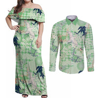Green Palaka Crane and Flowers Couples Matching Off Shoulder Maxi Dress and Long Sleeve Button Shirt Japan Heritage Spirit LT9 Green - Polynesian Pride