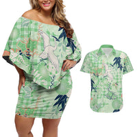 Green Palaka Crane and Flowers Couples Matching Off Shoulder Short Dress and Hawaiian Shirt Japan Heritage Spirit LT9 Green - Polynesian Pride