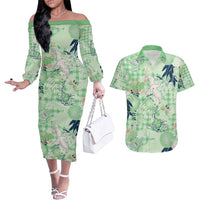 Green Palaka Crane and Flowers Couples Matching Off The Shoulder Long Sleeve Dress and Hawaiian Shirt Japan Heritage Spirit - Polynesian Pride