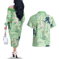 Green Palaka Crane and Flowers Couples Matching Off The Shoulder Long Sleeve Dress and Hawaiian Shirt Japan Heritage Spirit - Polynesian Pride
