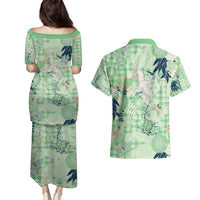 Green Palaka Crane and Flowers Couples Matching Puletasi and Hawaiian Shirt Japan Heritage Spirit LT9 - Polynesian Pride