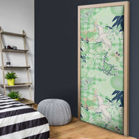 Green Palaka Crane and Flowers Door Cover Japan Heritage Spirit - Polynesian Pride