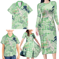 Green Palaka Crane and Flowers Family Matching Long Sleeve Bodycon Dress and Hawaiian Shirt Japan Heritage Spirit - Polynesian Pride