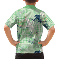 Green Palaka Crane and Flowers Family Matching Off The Shoulder Long Sleeve Dress and Hawaiian Shirt Japan Heritage Spirit - Polynesian Pride