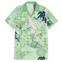 Green Palaka Crane and Flowers Family Matching Off Shoulder Short Dress and Hawaiian Shirt Japan Heritage Spirit - Polynesian Pride