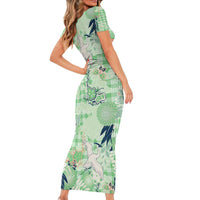 Green Palaka Crane and Flowers Family Matching Short Sleeve Bodycon Dress and Hawaiian Shirt Japan Heritage Spirit - Polynesian Pride