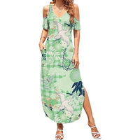 Green Palaka Crane and Flowers Family Matching Summer Maxi Dress and Hawaiian Shirt Japan Heritage Spirit - Polynesian Pride