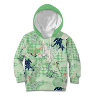 Green Palaka Crane and Flowers Kid Hoodie Japan Heritage Spirit - Polynesian Pride