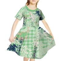 Green Palaka Crane and Flowers Kid Short Sleeve Dress Japan Heritage Spirit - Polynesian Pride