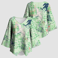 Green Palaka Crane and Flowers Kimono Sleeve Blouse Japan Heritage Spirit - Polynesian Pride