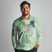 Green Palaka Crane and Flowers Long Sleeve Polo Shirt Japan Heritage Spirit - Polynesian Pride