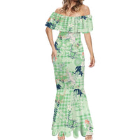 Green Palaka Crane and Flowers Mermaid Dress Japan Heritage Spirit - Polynesian Pride