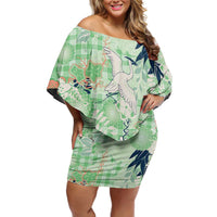 Green Palaka Crane and Flowers Off Shoulder Short Dress Japan Heritage Spirit - Polynesian Pride