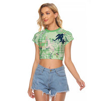 Green Palaka Crane and Flowers Raglan Cropped T Shirt Japan Heritage Spirit - Polynesian Pride