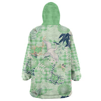 Green Palaka Crane and Flowers Wearable Blanket Hoodie Japan Heritage Spirit - Polynesian Pride