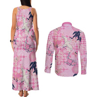 Pink Palaka Crane and Flowers Couples Matching Tank Maxi Dress and Long Sleeve Button Shirt Japan Heritage Spirit - Polynesian Pride