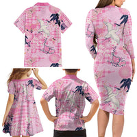 Pink Palaka Crane and Flowers Family Matching Long Sleeve Bodycon Dress and Hawaiian Shirt Japan Heritage Spirit - Polynesian Pride