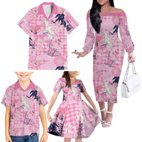 Pink Palaka Crane and Flowers Family Matching Off The Shoulder Long Sleeve Dress and Hawaiian Shirt Japan Heritage Spirit - Polynesian Pride