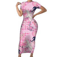 Pink Palaka Crane and Flowers Family Matching Short Sleeve Bodycon Dress and Hawaiian Shirt Japan Heritage Spirit - Polynesian Pride