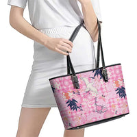 Pink Palaka Crane and Flowers Leather Tote Bag Japan Heritage Spirit - Polynesian Pride