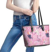 Pink Palaka Crane and Flowers Leather Tote Bag Japan Heritage Spirit - Polynesian Pride