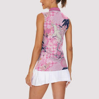 Pink Palaka Crane and Flowers Women Sleeveless Polo Shirt Japan Heritage Spirit - Polynesian Pride