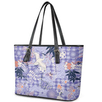 Purple Palaka Crane and Flowers Leather Tote Bag Japan Heritage Spirit - Polynesian Pride