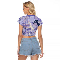 Purple Palaka Crane and Flowers Raglan Cropped T Shirt Japan Heritage Spirit - Polynesian Pride