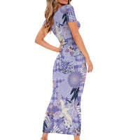 Purple Palaka Crane and Flowers Short Sleeve Bodycon Dress Japan Heritage Spirit LT9 - Polynesian Pride