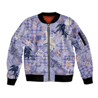 Purple Palaka Crane and Flowers Sleeve Zip Bomber Jacket Japan Heritage Spirit - Polynesian Pride