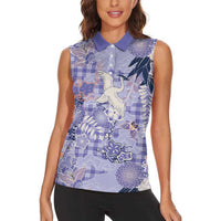 Purple Palaka Crane and Flowers Women Sleeveless Polo Shirt Japan Heritage Spirit - Polynesian Pride