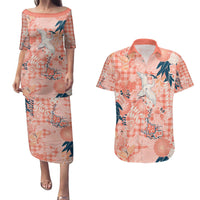 Red Palaka Crane and Flowers Couples Matching Puletasi and Hawaiian Shirt Japan Heritage Spirit LT9 Red - Polynesian Pride