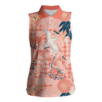 Red Palaka Crane and Flowers Women Sleeveless Polo Shirt Japan Heritage Spirit - Polynesian Pride