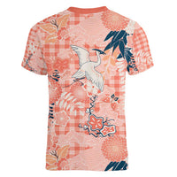 Red Palaka Crane and Flowers Women V-Neck T-Shirt Japan Heritage Spirit - Polynesian Pride