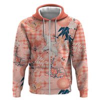 Red Palaka Crane and Flowers Zip Hoodie Japan Heritage Spirit - Polynesian Pride