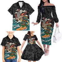Personalized Japanese Koi Fish Ramen Family Matching Off The Shoulder Long Sleeve Dress and Hawaiian Shirt Tiki Surfing Wagara Hibiscus Pattern LT9 - Polynesian Pride