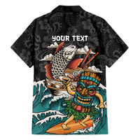 Personalized Japanese Koi Fish Ramen Family Matching Off Shoulder Short Dress and Hawaiian Shirt Tiki Surfing Wagara Hibiscus Pattern