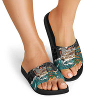 Personalized Japanese Koi Fish Ramen Slide Sandals Tiki Surfing Wagara Hibiscus Pattern