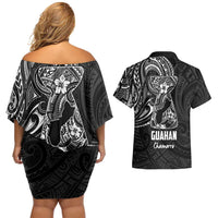 Black Guam Latte Stone Tribal Tattoo Couples Matching Off Shoulder Short Dress and Hawaiian Shirt Hafa Adai Six 7 One