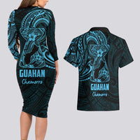 Blue Guam Latte Stone Tribal Tattoo Couples Matching Long Sleeve Bodycon Dress and Hawaiian Shirt Hafa Adai Six 7 One