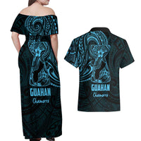 Blue Guam Latte Stone Tribal Tattoo Couples Matching Off Shoulder Maxi Dress and Hawaiian Shirt Hafa Adai Six 7 One