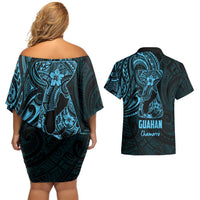 Blue Guam Latte Stone Tribal Tattoo Couples Matching Off Shoulder Short Dress and Hawaiian Shirt Hafa Adai Six 7 One