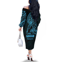 Blue Guam Latte Stone Tribal Tattoo Family Matching Off The Shoulder Long Sleeve Dress and Hawaiian Shirt Hafa Adai Six 7 One LT9 - Polynesian Pride