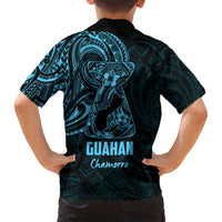 Blue Guam Latte Stone Tribal Tattoo Family Matching Off Shoulder Short Dress and Hawaiian Shirt Hafa Adai Six 7 One