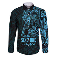 Blue Guam Latte Stone Tribal Tattoo Family Matching Short Sleeve Bodycon Dress and Hawaiian Shirt Hafa Adai Six 7 One LT9 Dad's Shirt - Long Sleeve Blue - Polynesian Pride