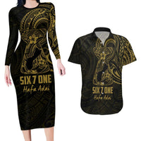 Gold Guam Latte Stone Tribal Tattoo Couples Matching Long Sleeve Bodycon Dress and Hawaiian Shirt Hafa Adai Six 7 One