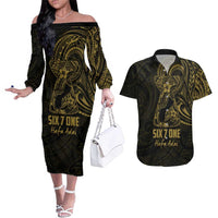 Gold Guam Latte Stone Tribal Tattoo Couples Matching Off The Shoulder Long Sleeve Dress and Hawaiian Shirt Hafa Adai Six 7 One LT9 Gold - Polynesian Pride